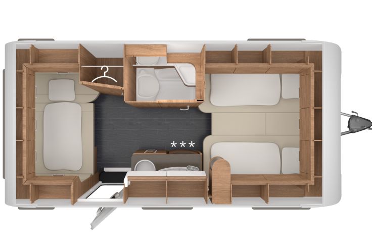 Grundriss des Tabbert Da Vinci 460 E 2,3 mit Einzelbetten und erweiterter Liegefläche. Die Dinette ist ebenfalls zum Schlafplatz umgebaut