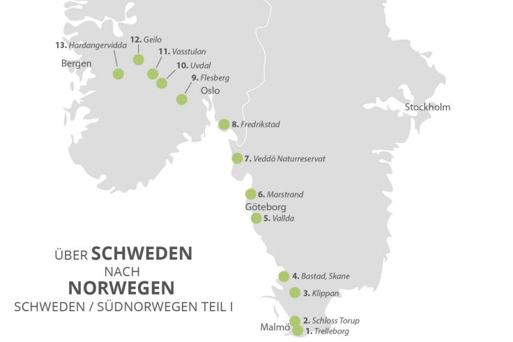 Hier siehst du die Stationen der Reise durch Schweden nach Südnorwegen.