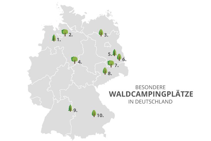 Hier findest du die im Blogbeitrag vorgestellten Waldcampingplätze.